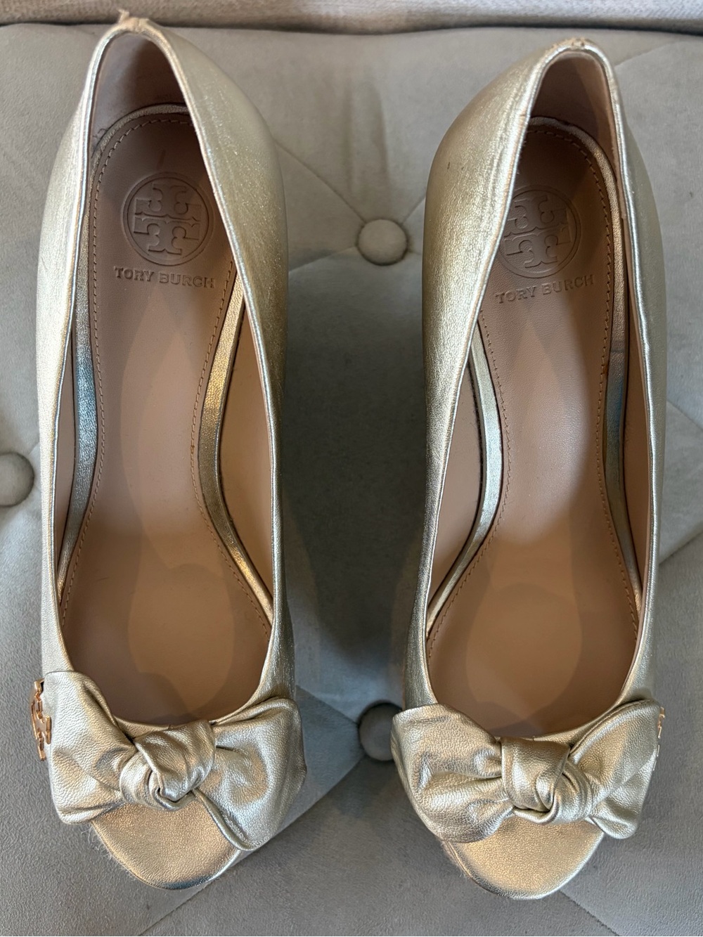 Tory Burch Gold Knot Peep-Toe Heels